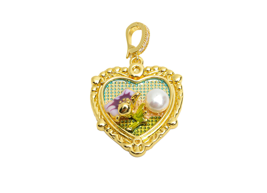 Romantic Heart Pendant - Brass Enamel Pendant With Pearl - Dainty Necklace Charm With Bail - 18K Real Gold Plated - 29x24x6mm - RGP10723 - DOMEDBAZAAR