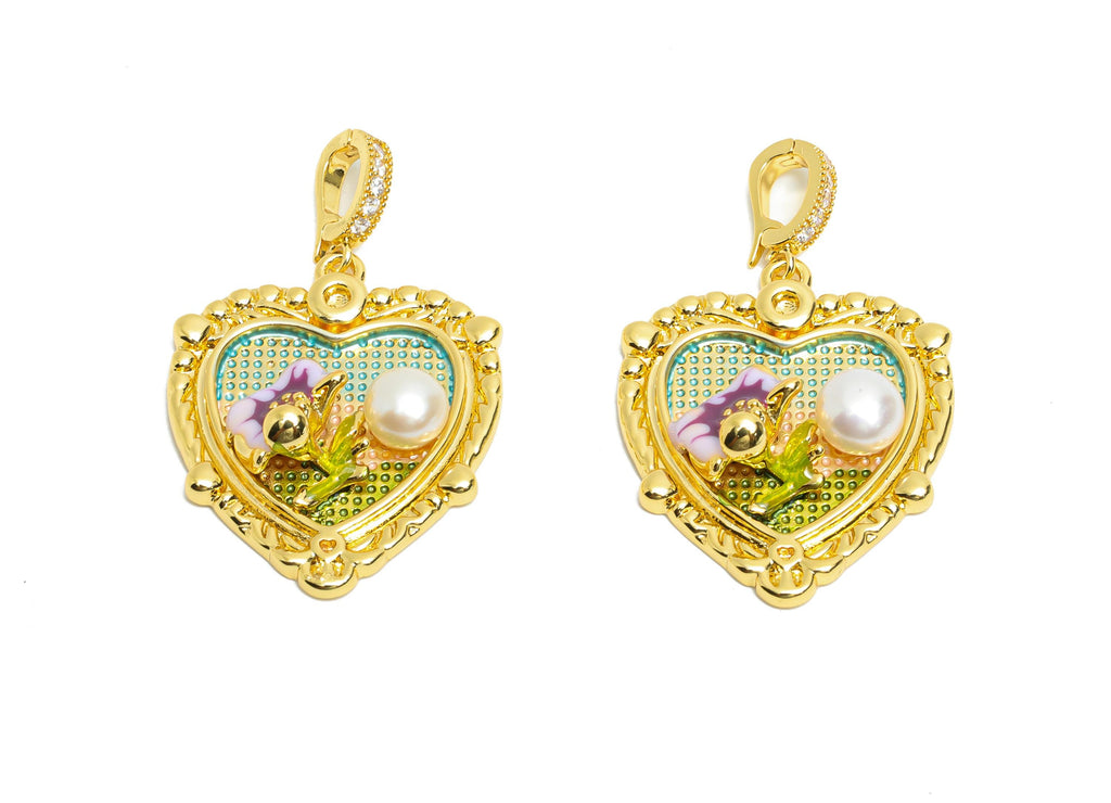Romantic Heart Pendant - Brass Enamel Pendant With Pearl - Dainty Necklace Charm With Bail - 18K Real Gold Plated - 29x24x6mm - RGP10723 - DOMEDBAZAAR