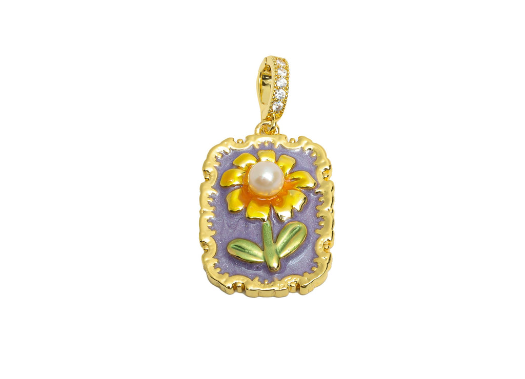 Floral Enamel Pendant- Brass Daisy Enamel Pendant With Pearl - Dainty Necklace Charm With Bail - 18K Real Gold Plated - 25x17x6mm - RGP10720 - DOMEDBAZAAR