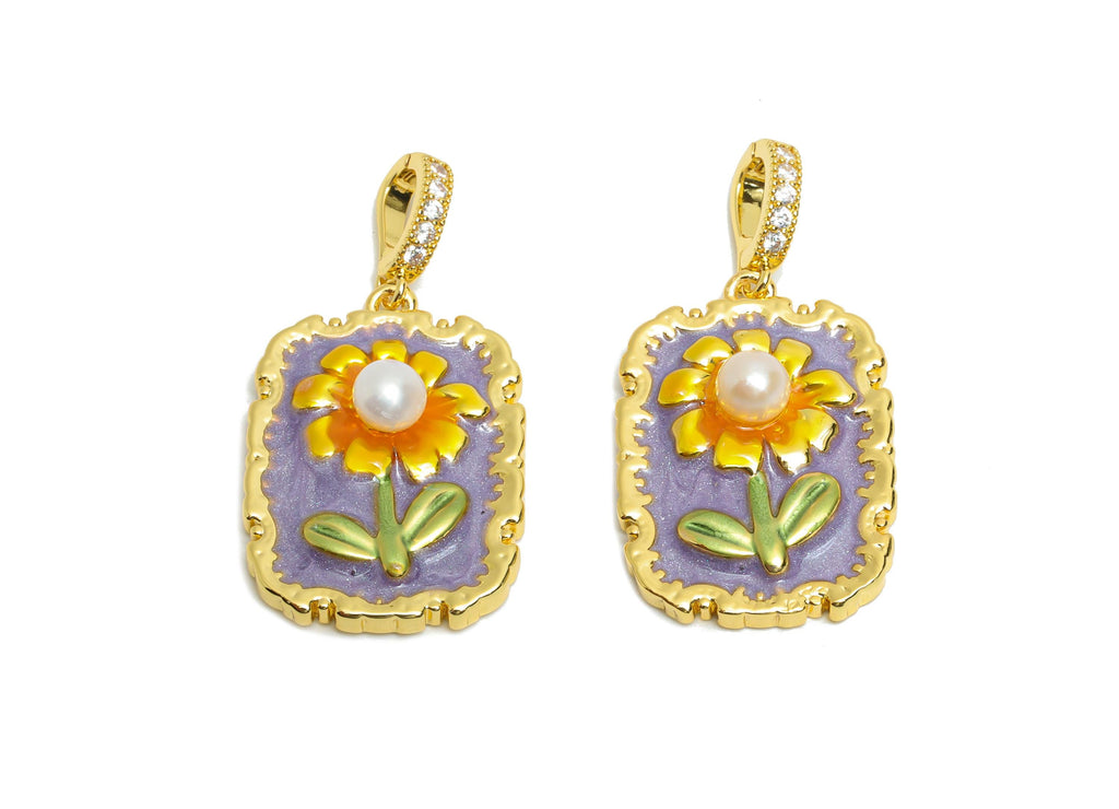 Floral Enamel Pendant- Brass Daisy Enamel Pendant With Pearl - Dainty Necklace Charm With Bail - 18K Real Gold Plated - 25x17x6mm - RGP10720 - DOMEDBAZAAR