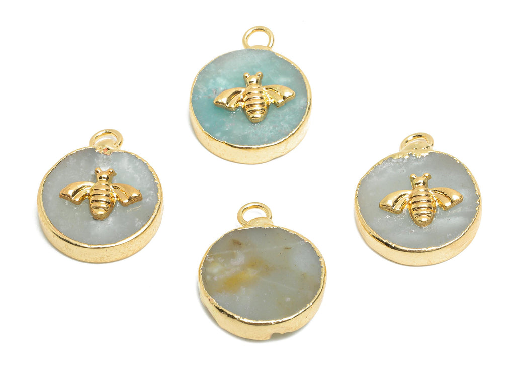 Amazonite Bee Pendant - Brass Elegant Bee Charm For Necklace - Round Bee Gold Frame Pendant - KC Gold Plating - 22x18x4.03mm - NS2881I - DOMEDBAZAAR