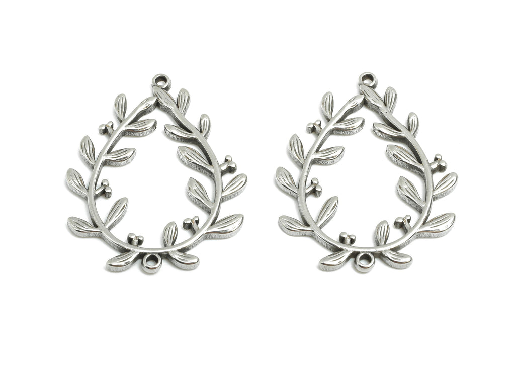 Steel Floral Teardrop Connector - Flower Leaf Drop Charm For Bracelet - Botanical Boho Charms - Stainless Steel Jewelry - 28x22x1mm - SS1732 - DOMEDBAZAAR