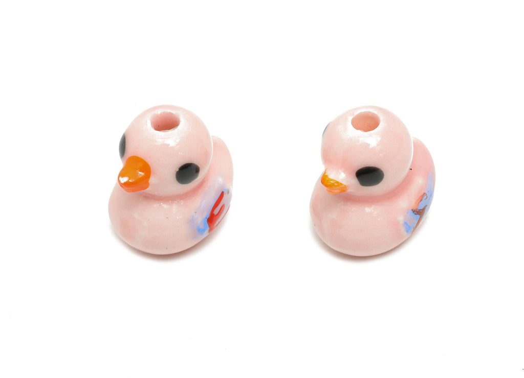 Glazed Ceramic Duck Beads - Craft Pink Duck Beads for Bracelet - Animal Figure Beads - Handmade Making Supplies - 12.45x12.36x9.6mm - NS2761 - DOMEDBAZAAR