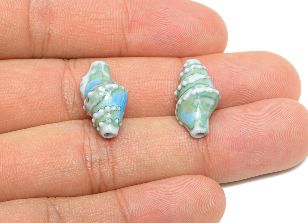 Glazed Ceramic Shell Beads - Craft Beads for Necklace or Bracelet - Blue Rustic Coastal Bead - Making Supplies - 20x11x10mm - NS2775H - DOMEDBAZAAR