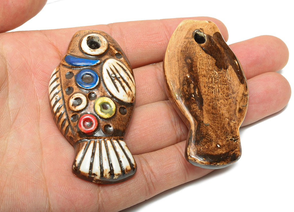 Glazed Ceramic Fish Beads - Craft Beads for Necklace or Bracelet - Marine Life Beads - Handmade  Making Supplies - 62x34x11.88mm - NS2778 - DOMEDBAZAAR
