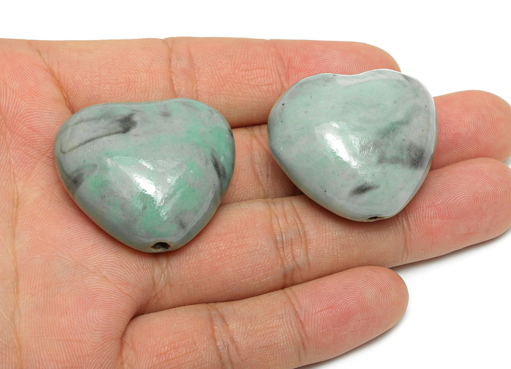 Glazed Ceramic Heart Bead - Artisan Clay Heart Beads for Necklace - Romantic Handmade Heart Bead - Jewelry Making - 32x35.33x18mm - NS2802 - DOMEDBAZAAR
