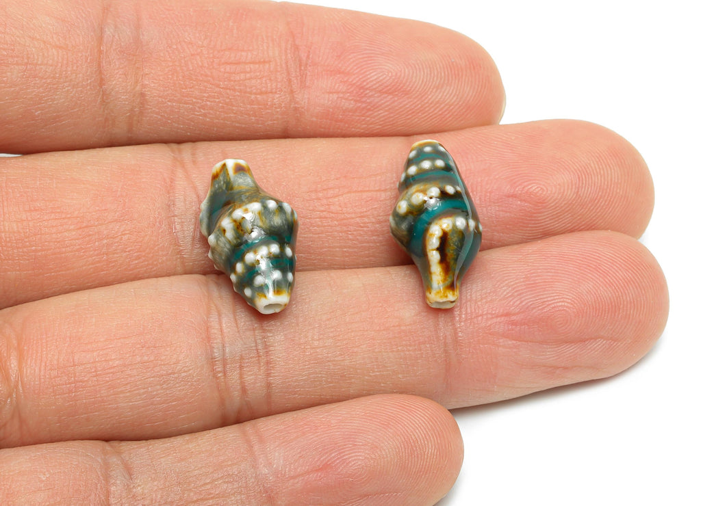 Glazed Ceramic Shell Beads - Craft Beads for Necklace or Bracelet - Deep Green Rustic Coastal Bead - Making Supplies - 20x11x10mm - NS2775B - DOMEDBAZAAR