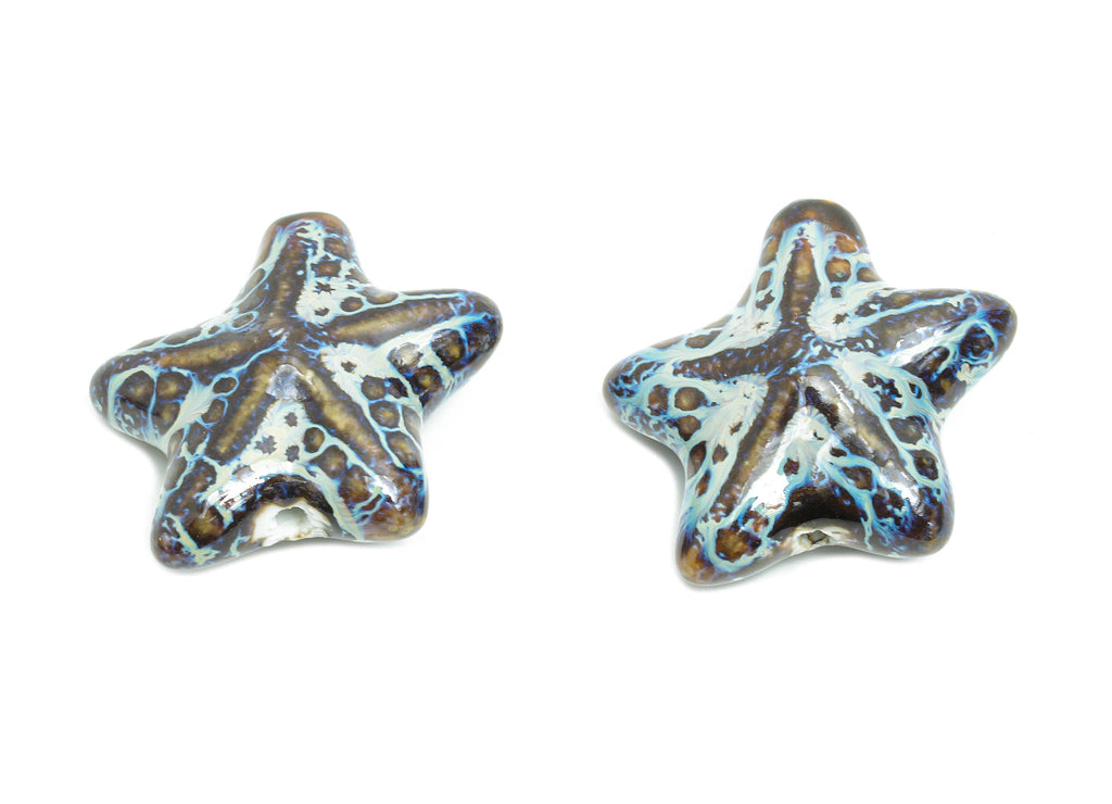 Glazed Ceramic Starfish Beads - Textured Starfish Beads for Necklace - Handmade Marine Beads - Jewelry Component - 37x35.35x15.2mm - NS2842 - DOMEDBAZAAR