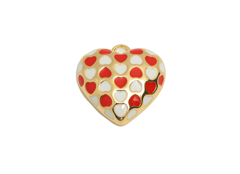 Dainty Heart Pendant - Brass Enamel Vintage Charm for DIY Necklaces - 18K Real Gold Plating - Red White Heart Pendant- 17x17x4mm - RGP10843 - DOMEDBAZAAR