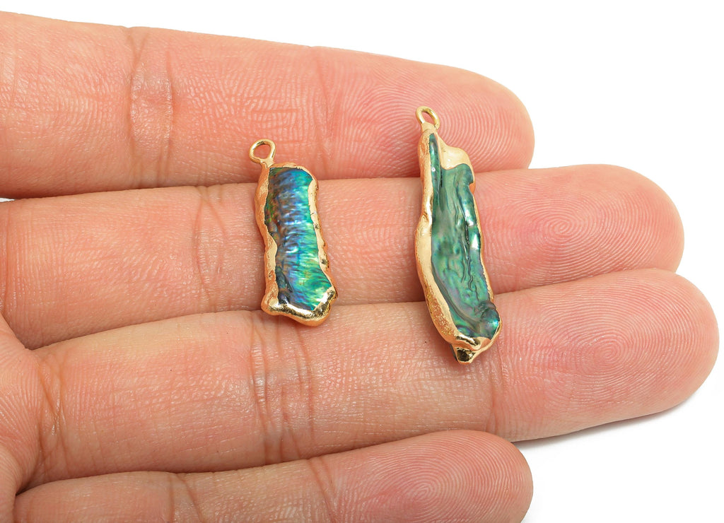 Natural Freshwater Shell Charm - Fresh Water Shells Pendant - Abalone Gold Framed Shell  - Gold Tone Plating - 34x10x3mm - NS2998 - DOMEDBAZAAR