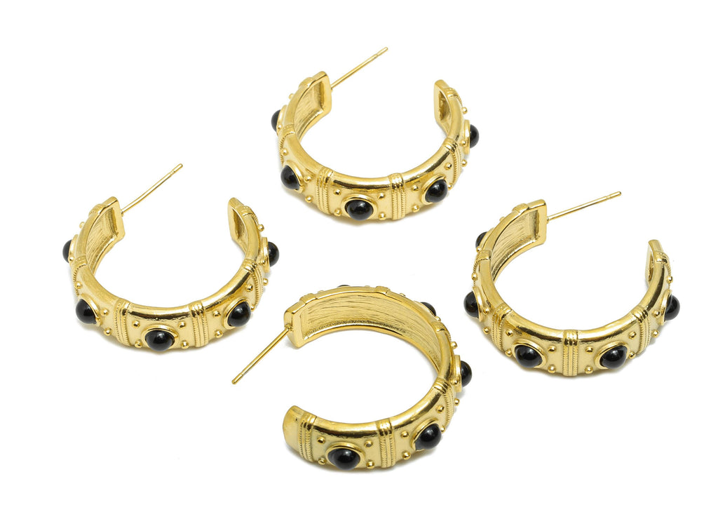 Black Agate C Hoop Studs - Ancient Roman Style - Greek Vintage Style - Steel Natural Stone Post - 18K Gold Plated - 31.75x9x2.68mm - SS2244 - DOMEDBAZAAR