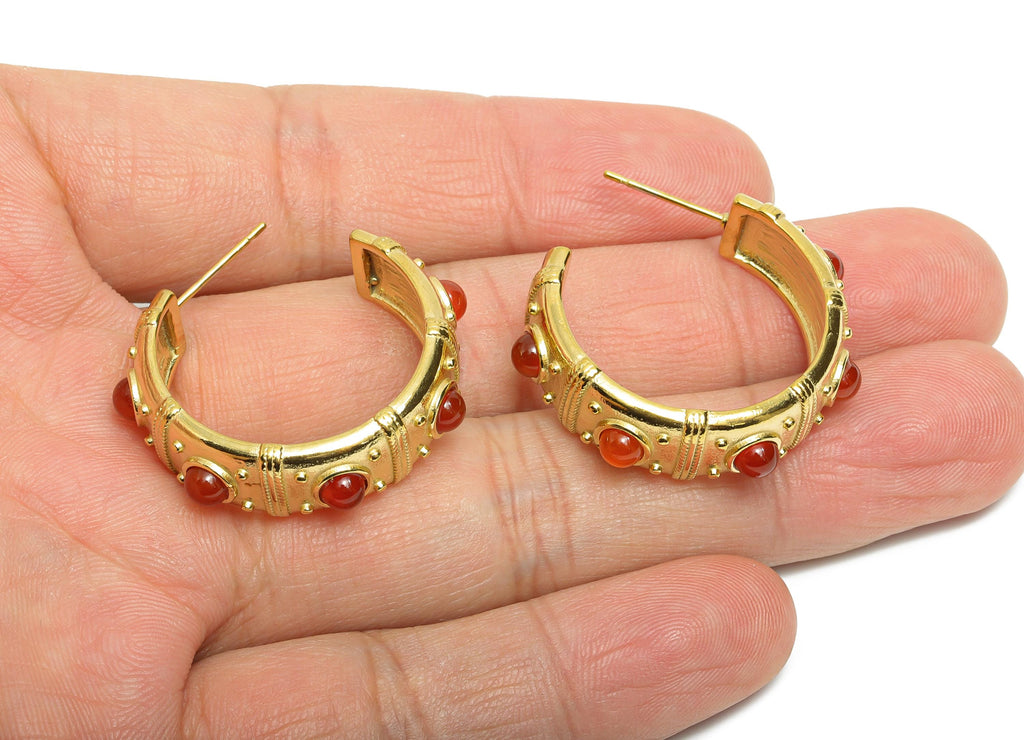 Red Agate C Hoop Stud - Ancient Roman Style - Greek Vintage Style - Steel Natural Stone Hoop Stud - 18K Gold Plated - 31.75x9x2.68mm -SS2245 - DOMEDBAZAAR