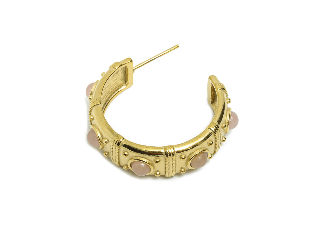 Pink Quartz C Hoop Studs - Ancient Roman Style - Greek Vintage Style - Steel Natural Stone Post - 18K Gold Plated - 31.75x9x2.68mm - SS2246 - DOMEDBAZAAR