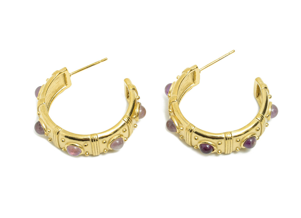Amethyst C Hoop Studs - Ancient Roman Style - Greek Vintage Style - Steel Natural Stone Post - 18K Gold Plated - 31.75x9x2.68mm - SS2249 - DOMEDBAZAAR