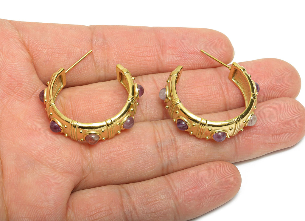 Amethyst C Hoop Studs - Ancient Roman Style - Greek Vintage Style - Steel Natural Stone Post - 18K Gold Plated - 31.75x9x2.68mm - SS2249 - DOMEDBAZAAR