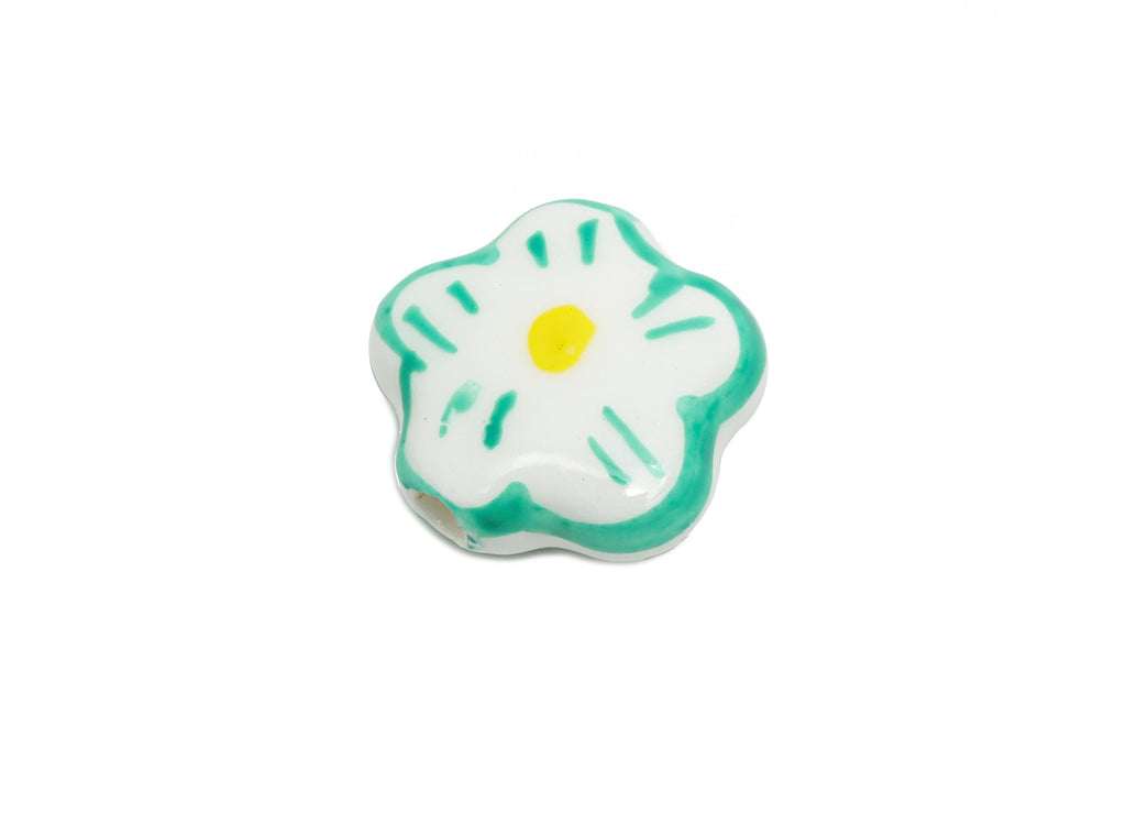 Glazed Ceramic Daisy Beads - Green Flower Bead Connectors - Handmade Jewelry Component - Jewelry Supplies Bead - 14.76x14.46x6.4mm - NS2854A - DOMEDBAZAAR