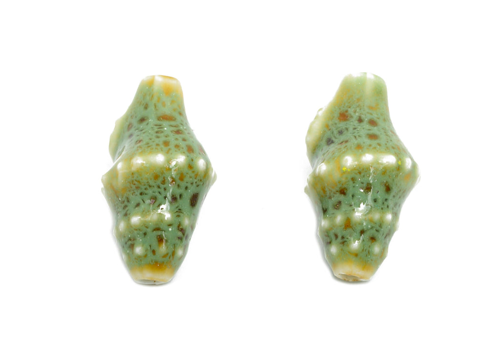 Glazed Ceramic Shell Beads - Craft Beads for Necklace or Bracelet - Green Rustic Coastal Bead - Making Supplies - 20x11x10mm - NS2775F - DOMEDBAZAAR