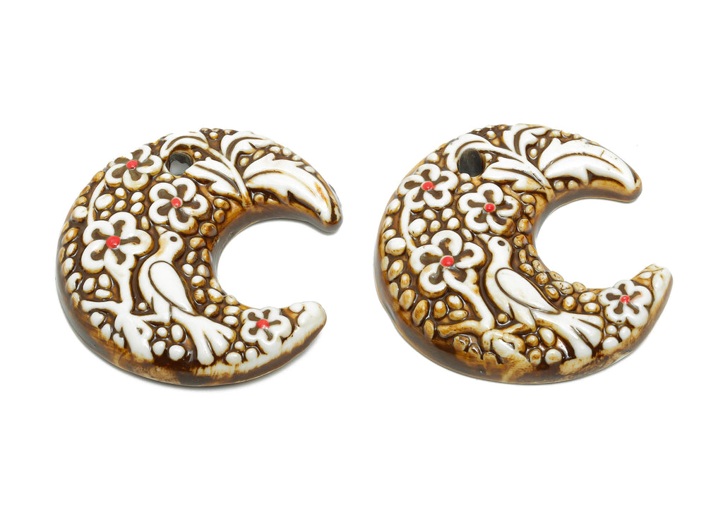 Crescent Glazed Ceramic Bird Pendants - Craft Beads for Necklace or Bracelet - Flower Ceramic Beads - Handmade Ceramic - 51x49x10mm - NS2791 - DOMEDBAZAAR
