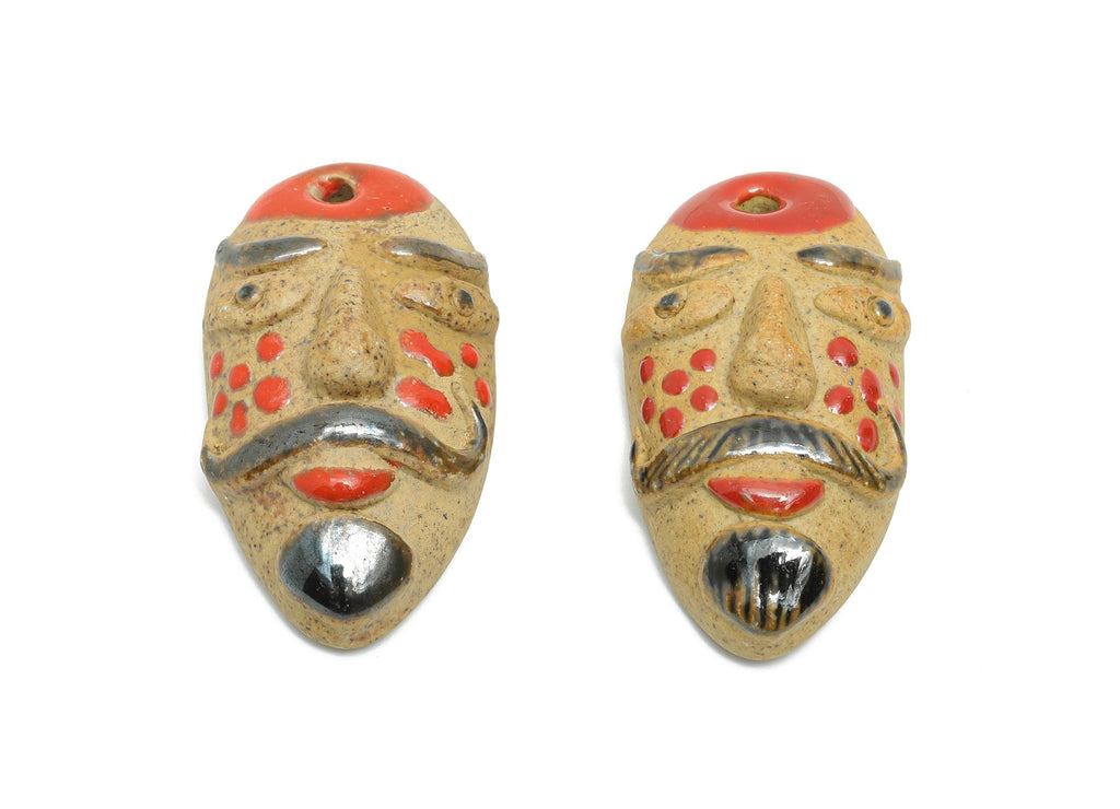 Glazed Ceramic Mask Pendant - Handmade Craft Bead for Necklace - Ethnic Artisan Mask Pendant - Unique Jewelry Component - 52x28x17mm -NS2793 - DOMEDBAZAAR