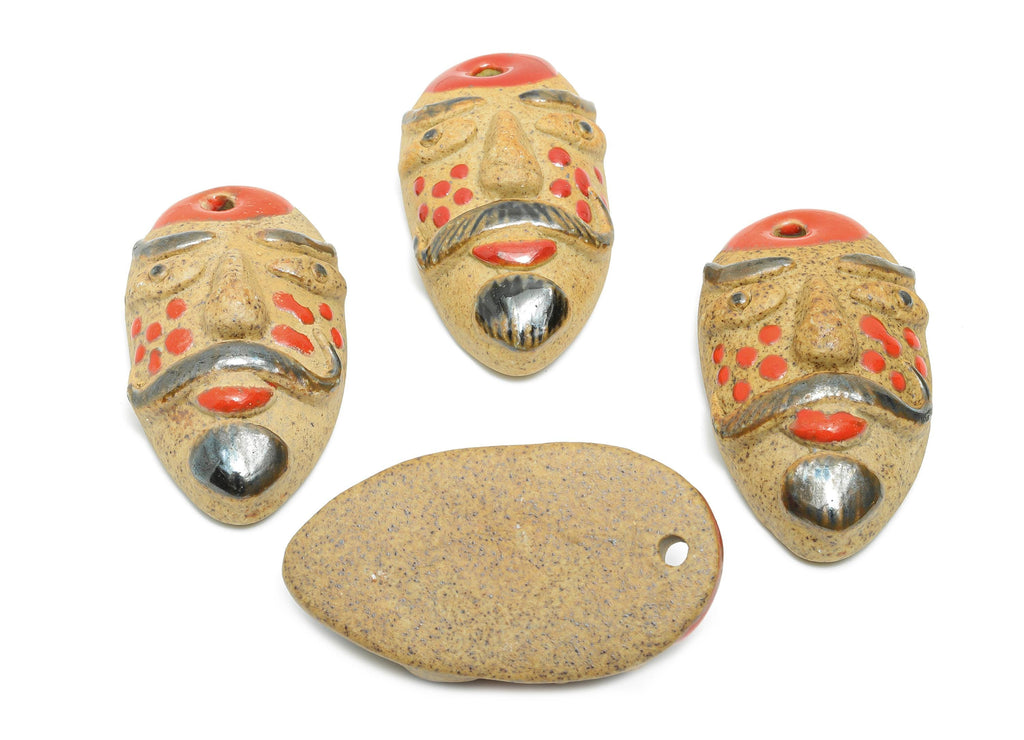 Glazed Ceramic Mask Pendant - Handmade Craft Bead for Necklace - Ethnic Artisan Mask Pendant - Unique Jewelry Component - 52x28x17mm -NS2793 - DOMEDBAZAAR
