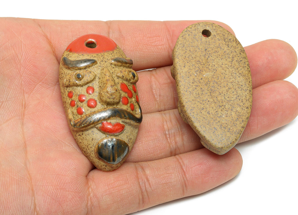 Glazed Ceramic Mask Pendant - Handmade Craft Bead for Necklace - Ethnic Artisan Mask Pendant - Unique Jewelry Component - 52x28x17mm -NS2793 - DOMEDBAZAAR