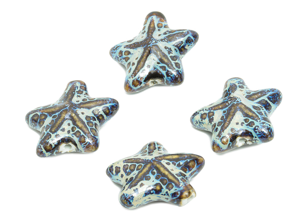 Glazed Ceramic Starfish Beads - Textured Starfish Beads for Necklace - Handmade Marine Beads - Jewelry Component - 37x35.35x15.2mm - NS2842 - DOMEDBAZAAR