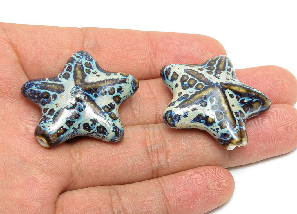 Glazed Ceramic Starfish Beads - Textured Starfish Beads for Necklace - Handmade Marine Beads - Jewelry Component - 37x35.35x15.2mm - NS2842 - DOMEDBAZAAR