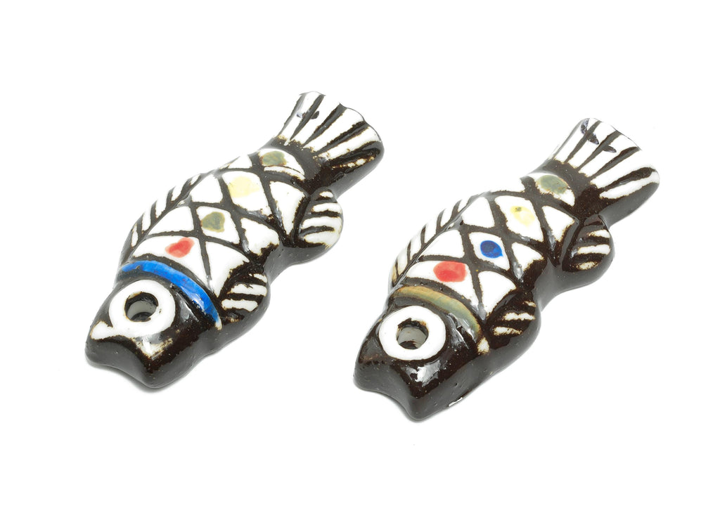 Glazed Ceramic Fish Beads - Black and White Fish Bead - Cute Marine Life Beads - Boho Fish Bead for DIY Jewelry - 56x24x10.93mm - NS2781 - DOMEDBAZAAR