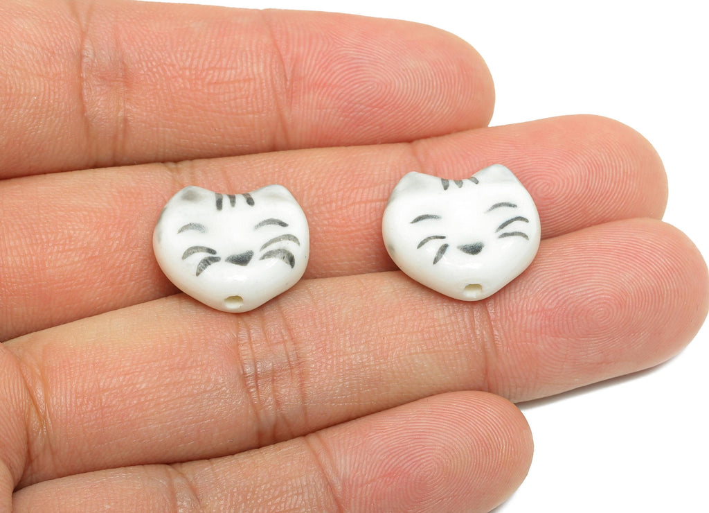 Glazed Ceramic Cat Bead - Handmade Cat Bracelet Bead - Lucky Cat Porcelain Bead - Cute Animal Bead for DIY Jewelry - 16.5x17x6.76mm - NS2769 - DOMEDBAZAAR