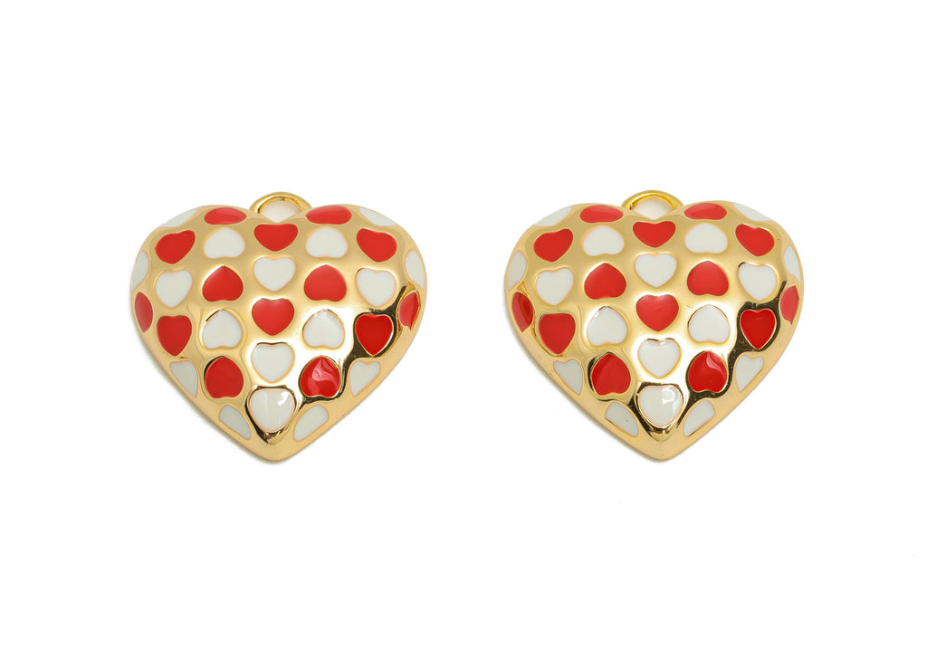 Dainty Heart Pendant - Brass Enamel Vintage Charm for DIY Necklaces - 18K Real Gold Plating - Red White Heart Pendant- 17x17x4mm - RGP10843 - DOMEDBAZAAR