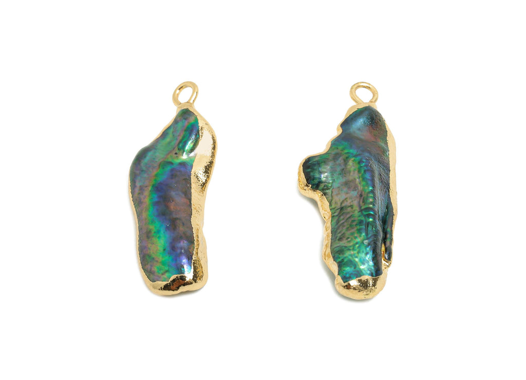 Natural Freshwater Shell Charm - Fresh Water Shells Pendant - Abalone Gold Framed Shell  - Gold Tone Plating - 34x10x3mm - NS2998 - DOMEDBAZAAR