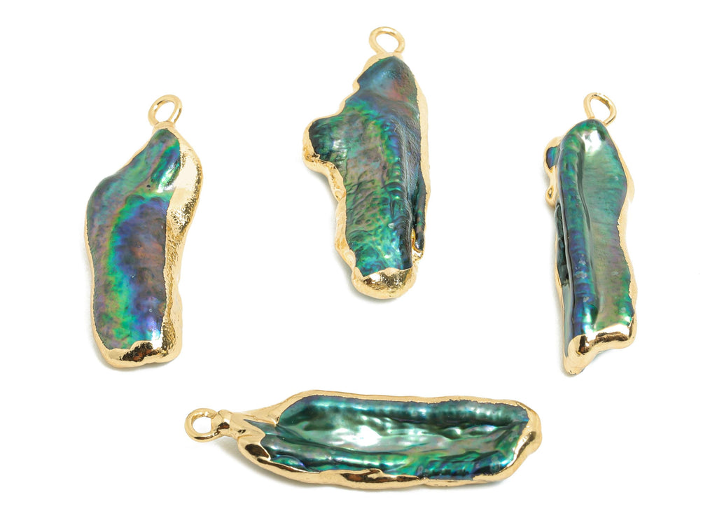 Natural Freshwater Shell Charm - Fresh Water Shells Pendant - Abalone Gold Framed Shell  - Gold Tone Plating - 34x10x3mm - NS2998 - DOMEDBAZAAR
