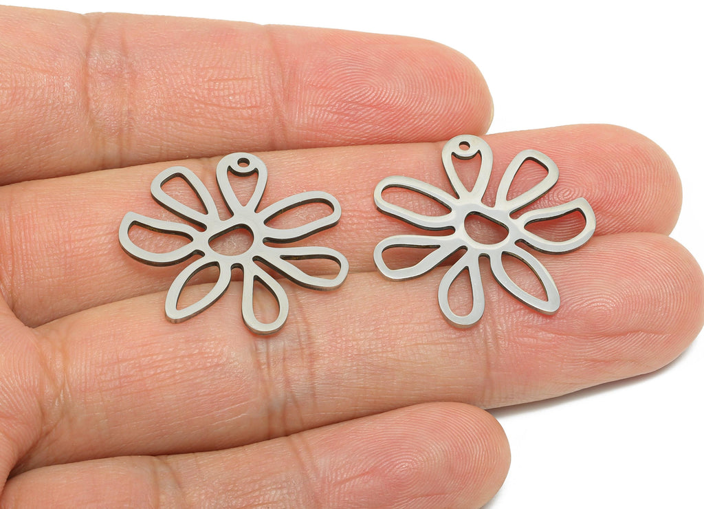 Steel Daisy Pendant - Stainless Steel Flower Earring Charm - Lightweight Steel Floral Cutout Flower for Necklace - 25.25x24x0.98mm - SS2518 - DOMEDBAZAAR