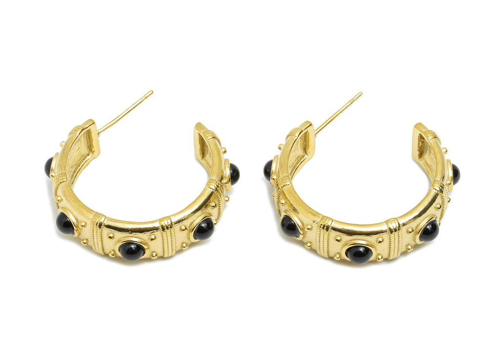 Black Agate C Hoop Studs - Ancient Roman Style - Greek Vintage Style - Steel Natural Stone Post - 18K Gold Plated - 31.75x9x2.68mm - SS2244 - DOMEDBAZAAR