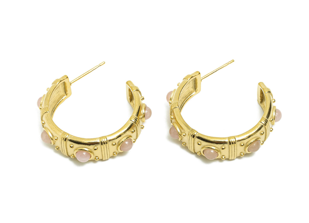 Pink Quartz C Hoop Studs - Ancient Roman Style - Greek Vintage Style - Steel Natural Stone Post - 18K Gold Plated - 31.75x9x2.68mm - SS2246 - DOMEDBAZAAR
