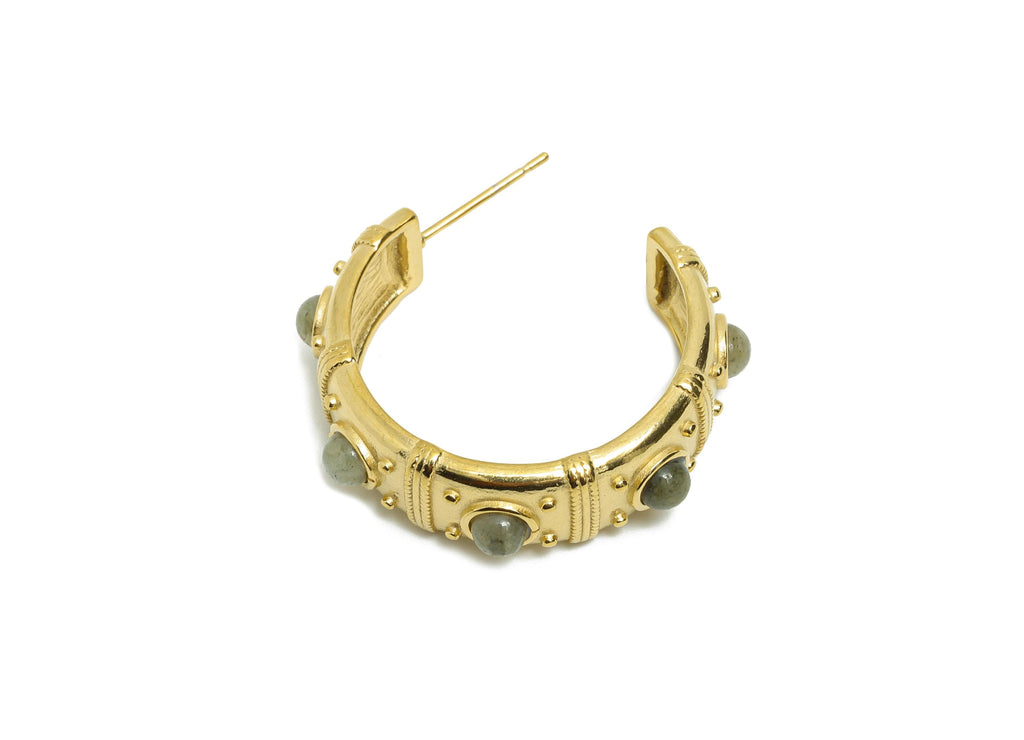 Labradorite C Hoop Studs - Ancient Roman Style - Greek Vintage Style - Steel Natural Stone Post - 18K Gold Plated - 31.75x9x2.68mm -SS2247 - DOMEDBAZAAR