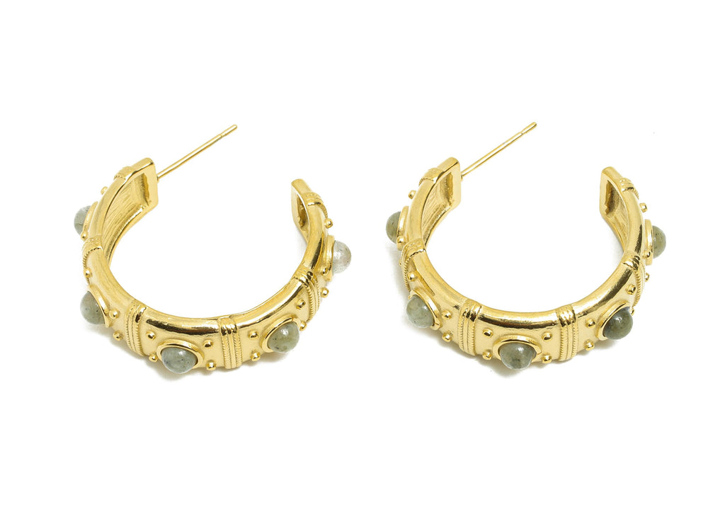 Labradorite C Hoop Studs - Ancient Roman Style - Greek Vintage Style - Steel Natural Stone Post - 18K Gold Plated - 31.75x9x2.68mm -SS2247 - DOMEDBAZAAR