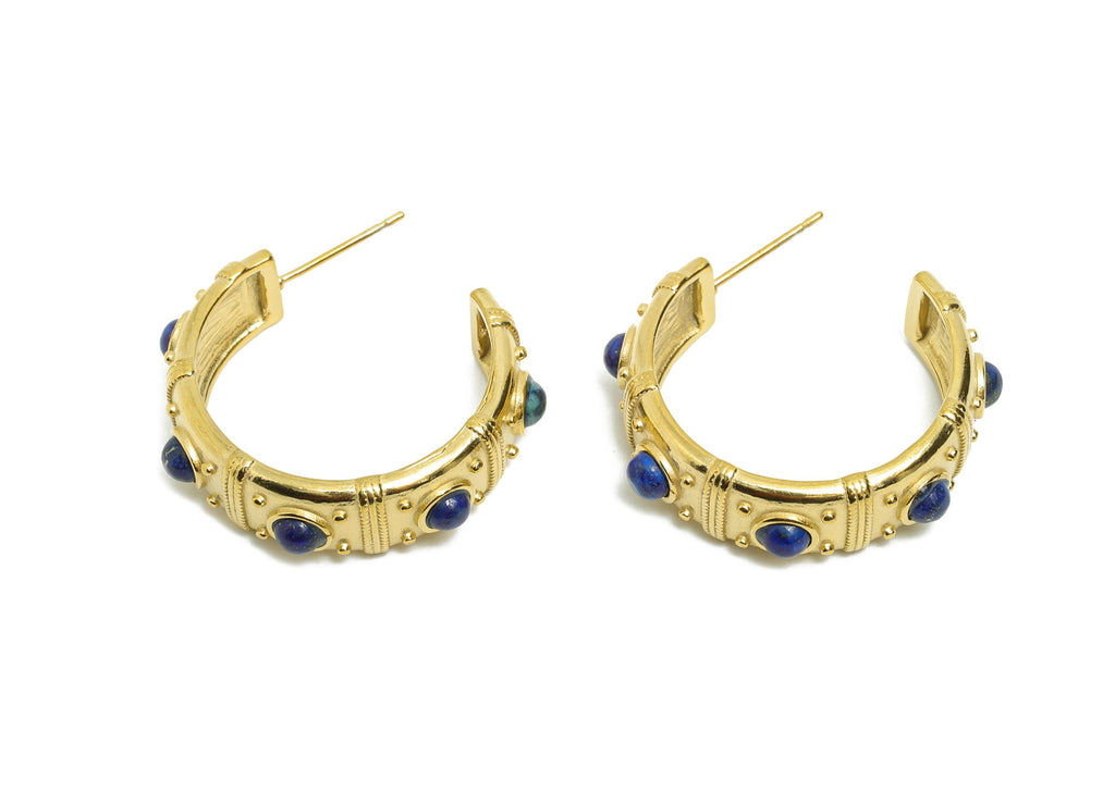 Lapis Lazuli C Hoop Stud - Ancient Roman Style - Greek Vintage Style - Steel Natural Stone Post - 18K Gold Plated - 31.75x9x2.68mm -SS2248 - DOMEDBAZAAR