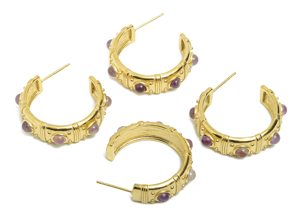 Amethyst C Hoop Studs - Ancient Roman Style - Greek Vintage Style - Steel Natural Stone Post - 18K Gold Plated - 31.75x9x2.68mm - SS2249 - DOMEDBAZAAR