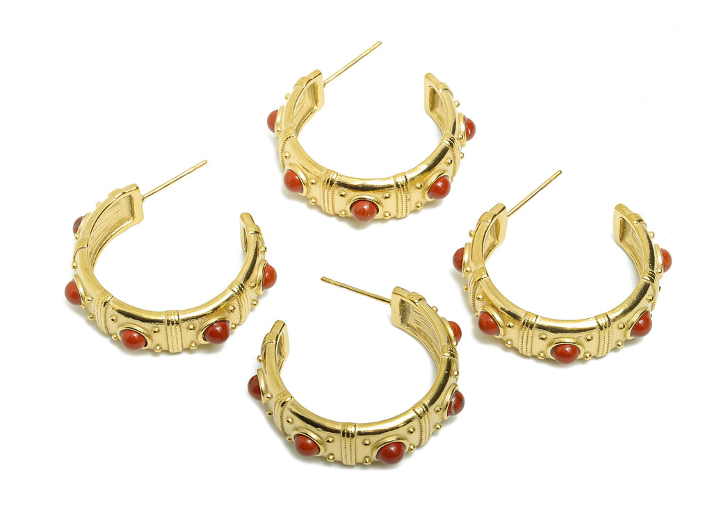 Red Natural Stone C Hoop Stud - Ancient Roman Style - Greek Vintage Style - Steel Natural Stone Post - 18K Gold Plated - 31x9x2.7mm - SS2250 - DOMEDBAZAAR