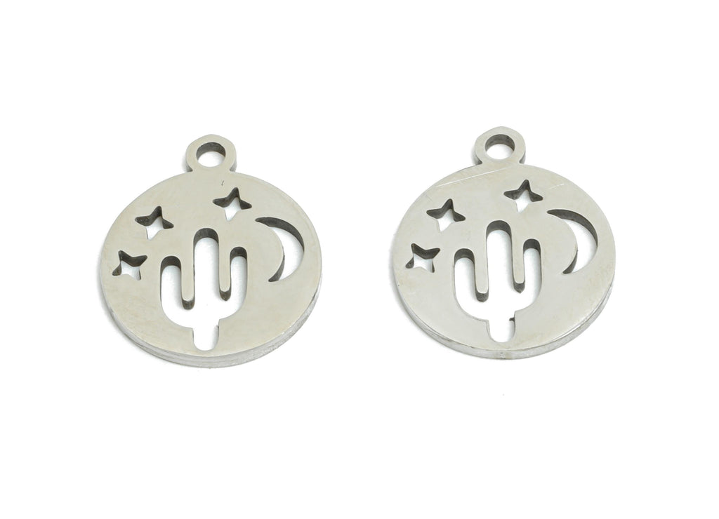 Desert Night Earring Charm - Stainless Steel Cactus Moon Charm - Steel Moon and Stars Pendant - Southwestern Charm - 13x11x0.98mm - SS2382 - DOMEDBAZAAR