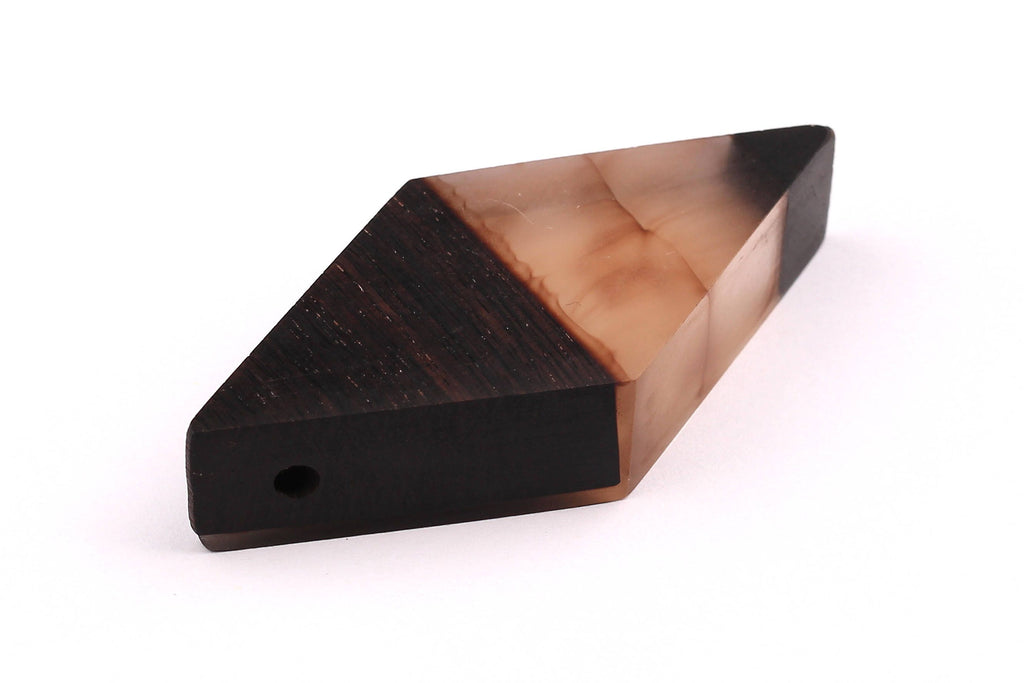 Wood Resin Pendant - Natural Ebony Wooden Charms - White Epoxy Resin Necklace - Jewelry Supplies - Diamond Shaped Bead - 56x27x11mm - BB1007 - DOMEDBAZAAR