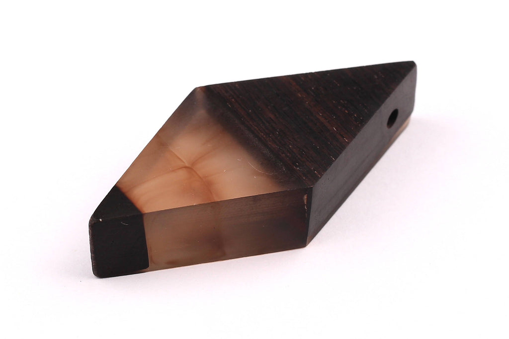 Wood Resin Pendant - Natural Ebony Wooden Charms - White Epoxy Resin Necklace - Jewelry Supplies - Diamond Shaped Bead - 56x27x11mm - BB1007 - DOMEDBAZAAR