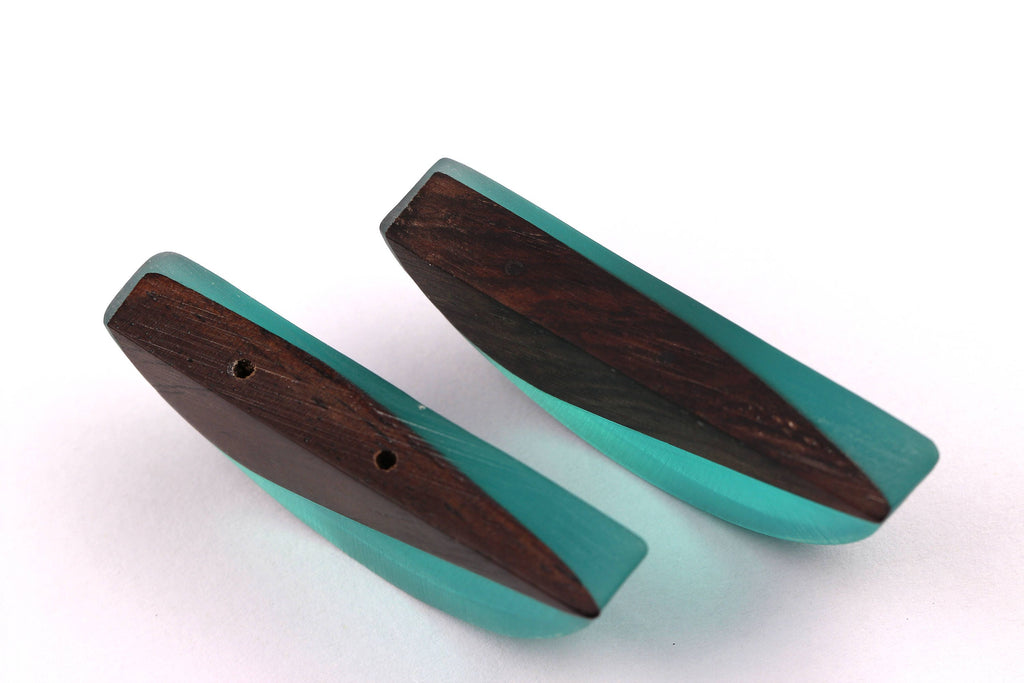 Wood Resin Pendant - Natural Monzo Wooden Charms - Blue Epoxy Resin Necklace - Jewelry Supplies - Half Moon Shaped - 49x18x9mm - BB1008 - DOMEDBAZAAR