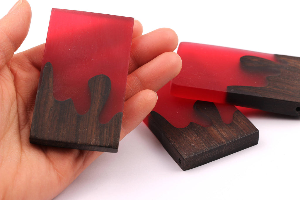 Wood Resin Pendant - Natural Monzo Wooden Charms - Red Epoxy Resin Necklace - Jewelry Supplies - Rectangle Shaped - 70x40x8mm - BB1001R - DOMEDBAZAAR