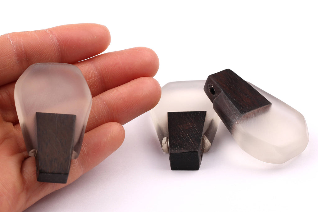 Wood Resin Pendant - Natural Monzo Wooden Charms - White Epoxy Resin Necklace - Jewelry Supplies - Wooden Beads - 47x30x10mm - BB1002W - DOMEDBAZAAR