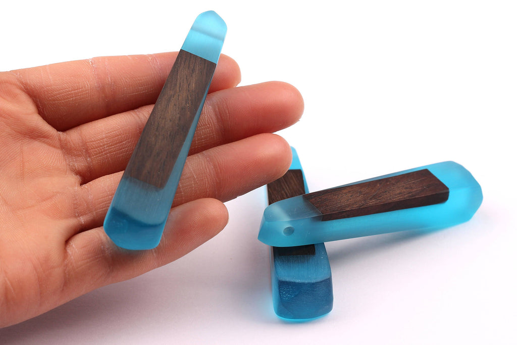 Wood Resin Pendant - Natural Monzo Wooden Charms - Blue Epoxy Resin Necklace - Jewelry Supplies - Wooden Beads - 73x15x12mm - BB1003B - DOMEDBAZAAR
