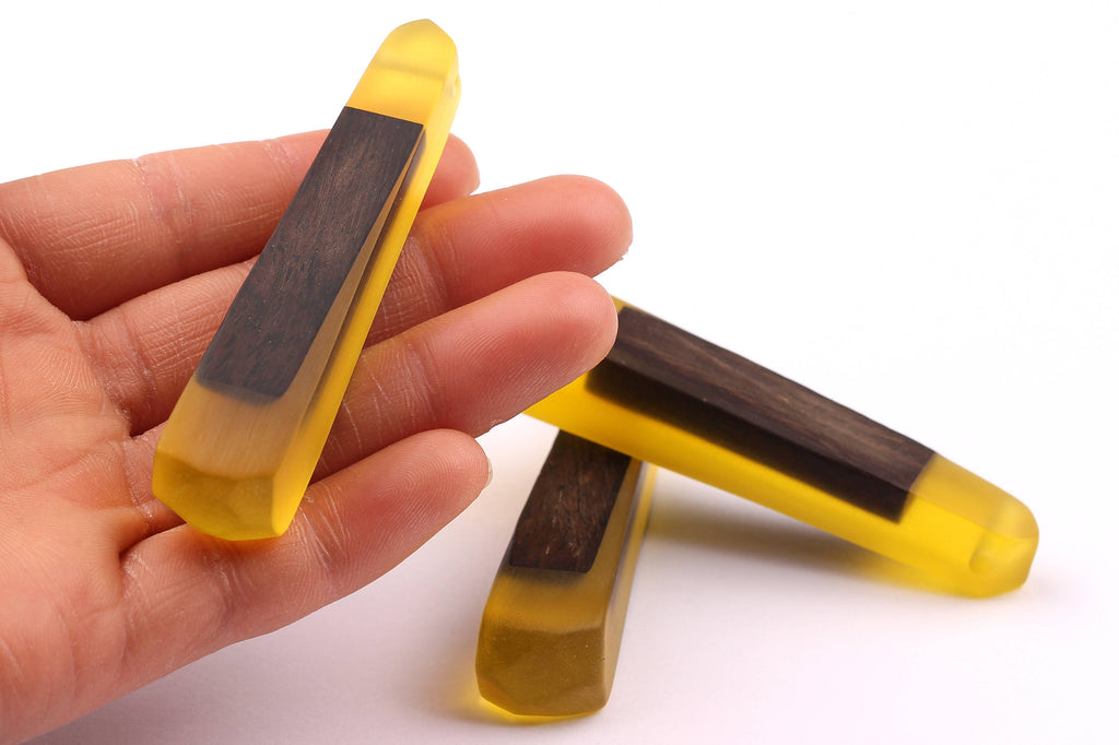 Wood Resin Pendant - Natural Monzo Wooden Charms - Yellow Epoxy Resin Necklace - Jewelry Supplies - Wooden Beads - 73x15x12mm - BB1003Y - DOMEDBAZAAR