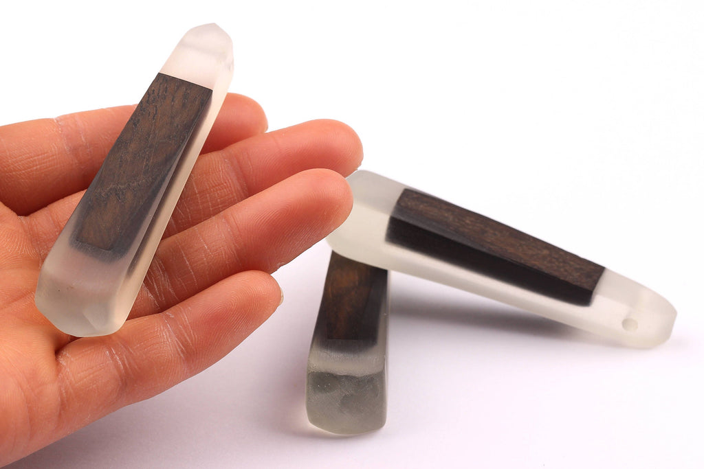 Wood Resin Pendant - Natural Monzo Wooden Charms - White Epoxy Resin Necklace - Jewelry Supplies - Wooden Beads - 73x15x12mm - BB1003W - DOMEDBAZAAR