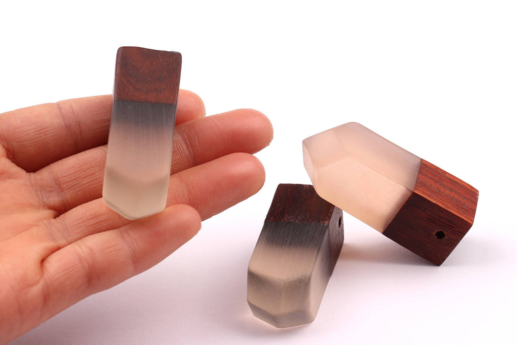 Wood Resin Pendant - Natural Monzo Wooden Charms - White Epoxy Resin Necklace - Jewelry Supplies - Wooden Beads - 50x17x17mm - BB1006W - DOMEDBAZAAR